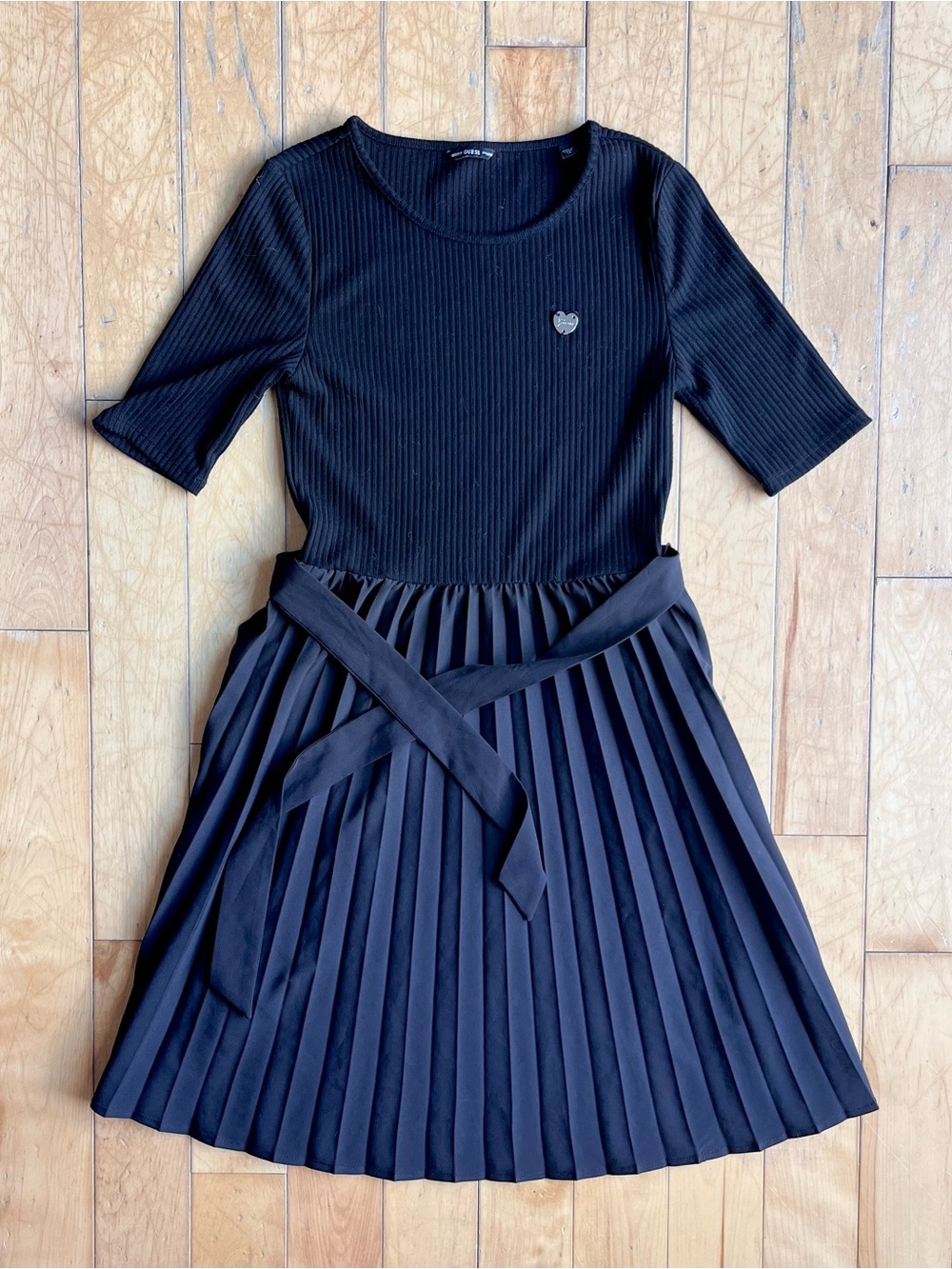 Guess Girls Black Pleated Ribbed Knit Preppy Party Fit & Flare Dress Size 14Y